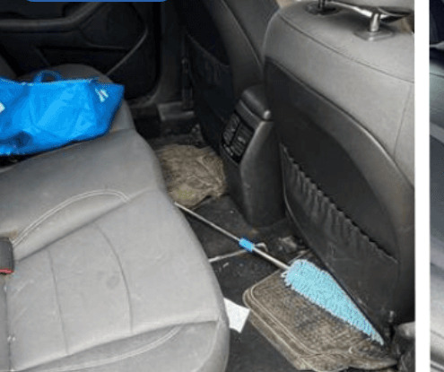 Car back seat before detailing — bags, debris and dirty floor mats
