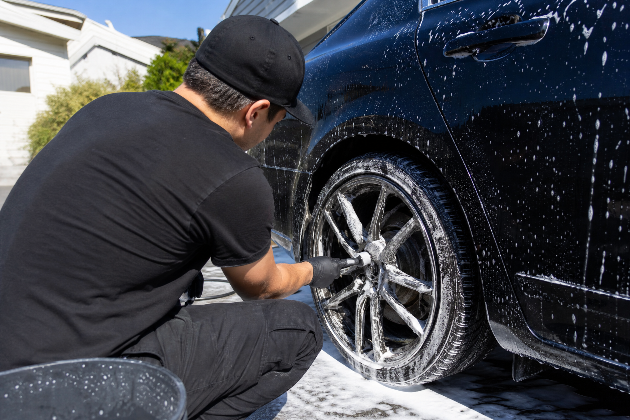 A professional Auto Detailing Ottawa detailer cleaning a car in a residential driveway